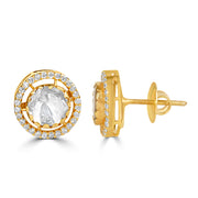 Round Gold Plated Stud Earrings with Central Polki Stone and Diamond Halo